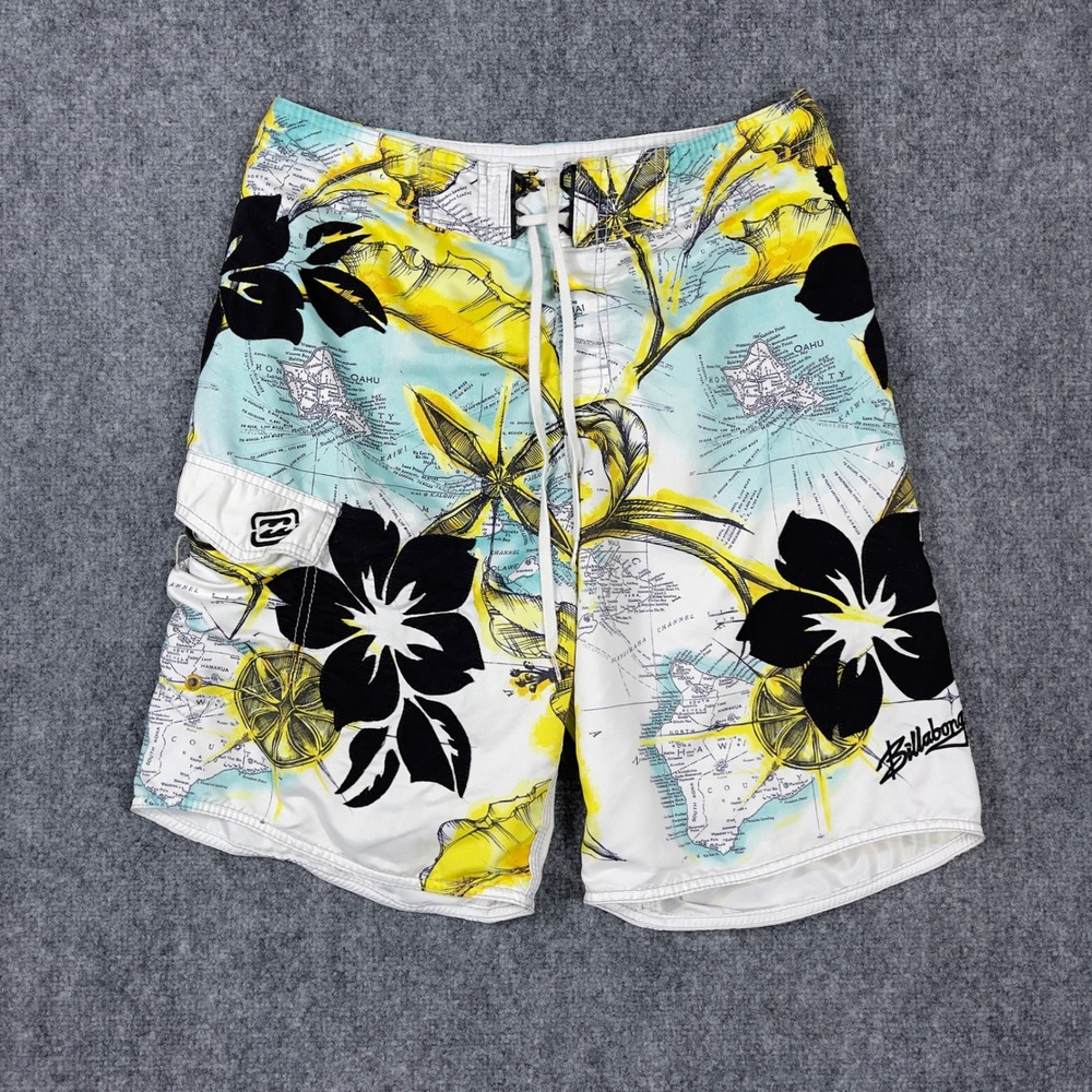 Billabong Board Shorts Mens 32 White Yellow Hawaiian Map Floral M131AFRP